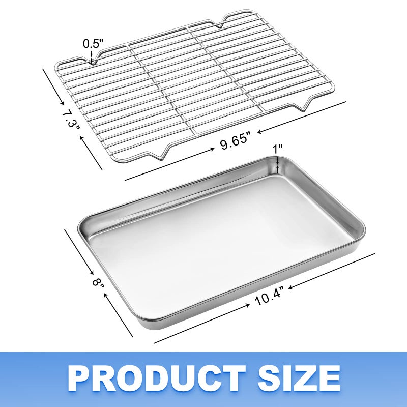 Zacfton Baking Sheet with Cooling Rack (1 Cookie Sheet + 1 Baking Rack), Stainless Steel Small Baking Sheet Pan with Wire Rack, Toaster Oven Pans Size 10.4 x 8 x 1 Inch, Non-toxic & Heavy Duty & Non-stick - Image 2